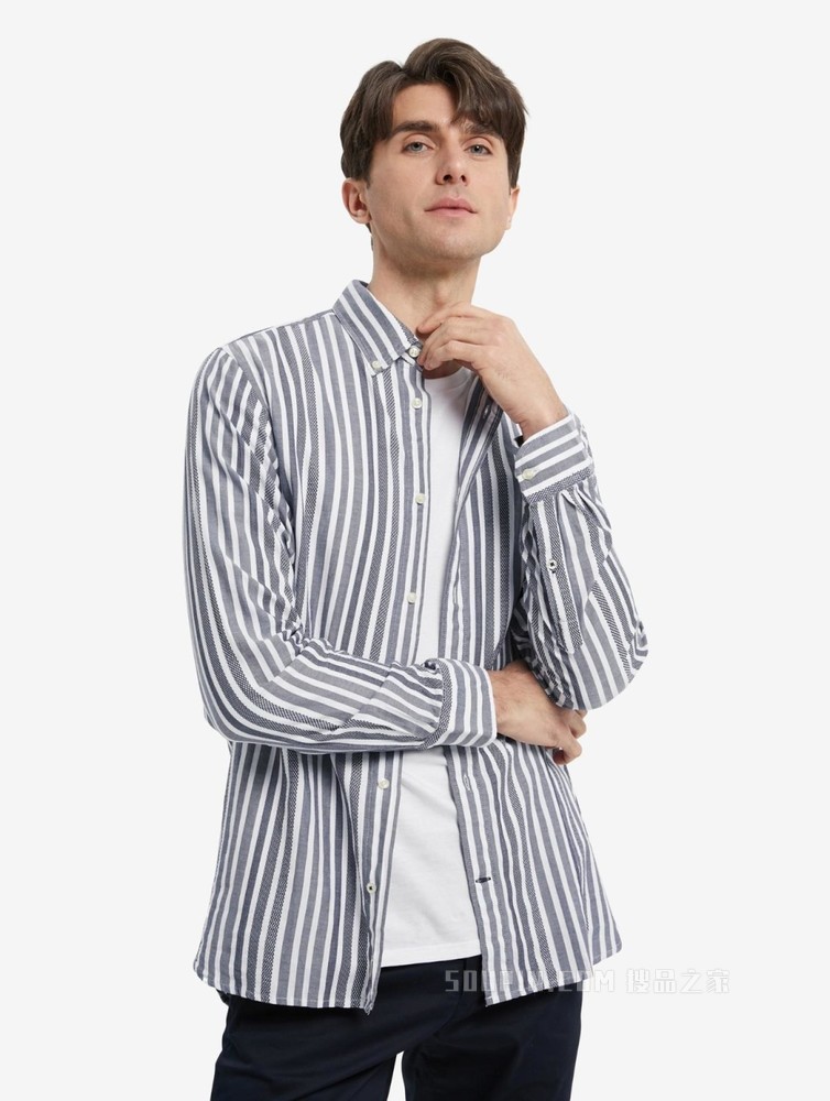 Tommy 22新款春夏男装休闲纯棉绣标条纹翻领长袖衬衫MW0MW23121