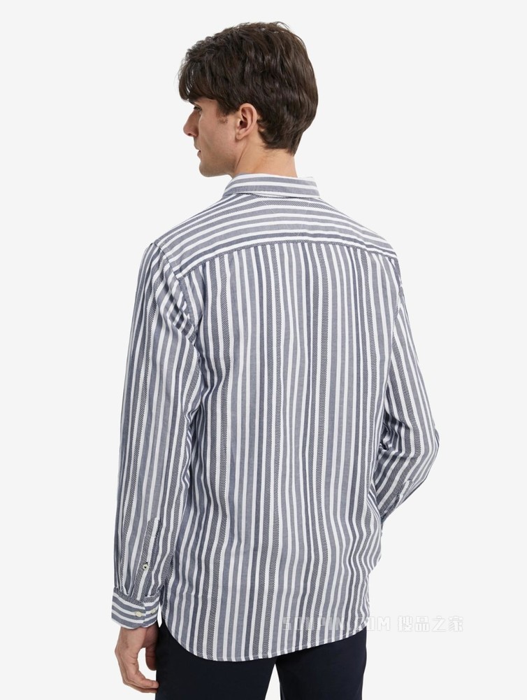 Tommy 22新款春夏男装休闲纯棉绣标条纹翻领长袖衬衫MW0MW23121