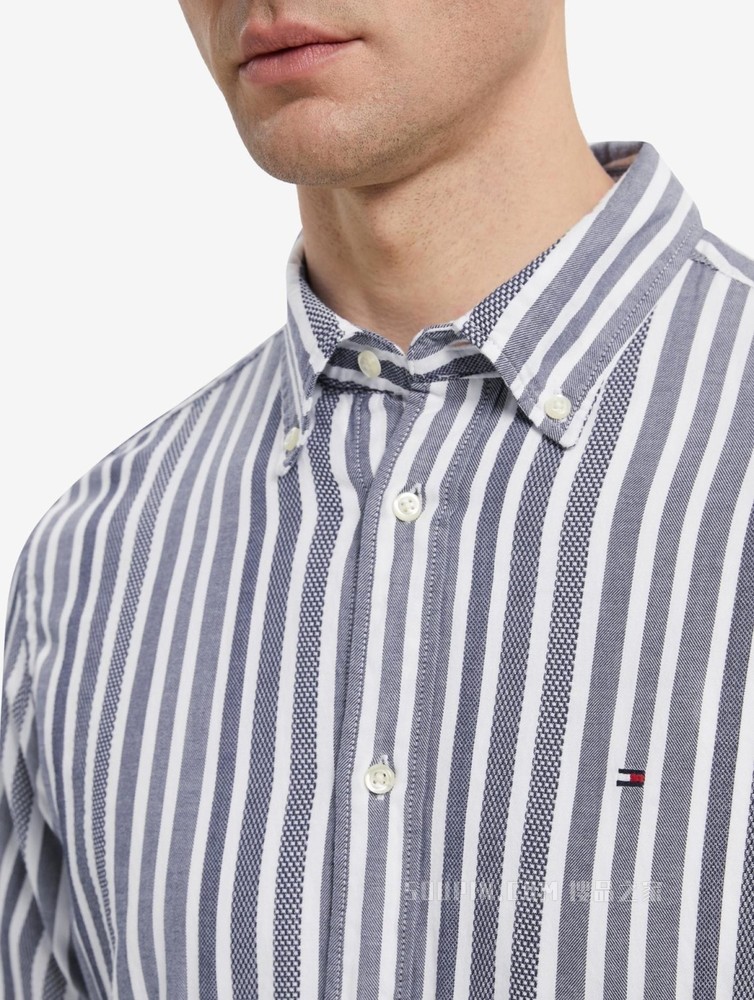 Tommy 22新款春夏男装休闲纯棉绣标条纹翻领长袖衬衫MW0MW23121