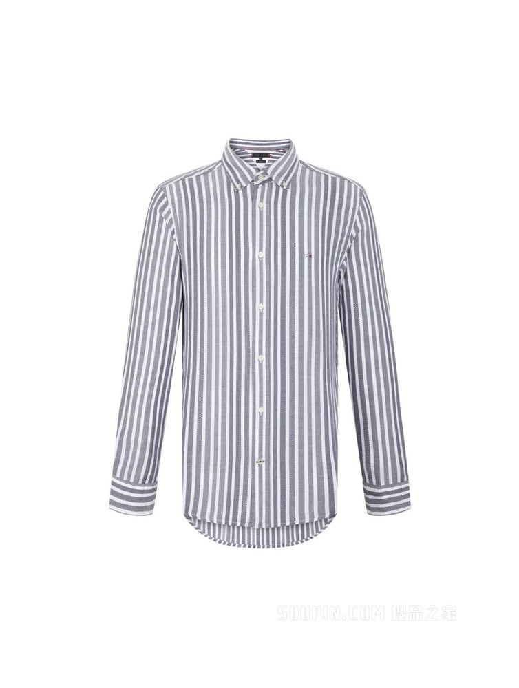 Tommy 22新款春夏男装休闲纯棉绣标条纹翻领长袖衬衫MW0MW23121