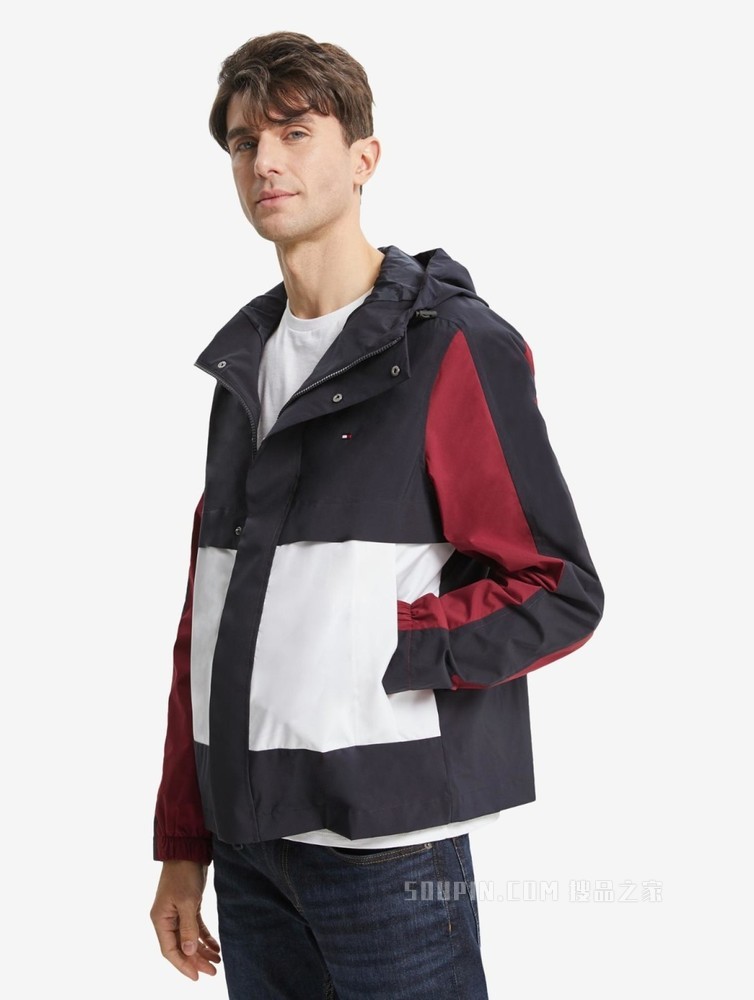 Tommy 22新款春季男装潮流拼色小绣标大口袋连帽单夹克外套25484