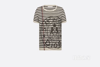 Dior 水手风短袖针织衫 白色亚麻、山羊绒和桑蚕丝混纺针织面料搭配蓝色条纹和 Dior Union 图案