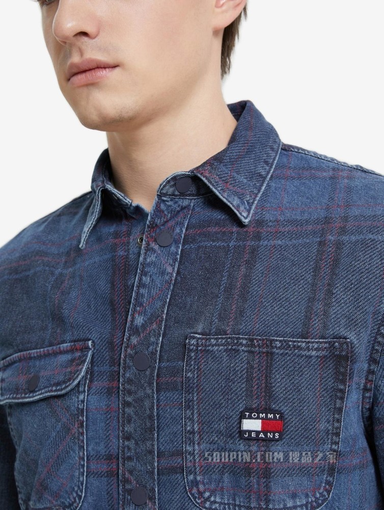 Tommy 22新款春季男装潮流纯棉格纹口袋刺绣牛仔衬衫外套12455