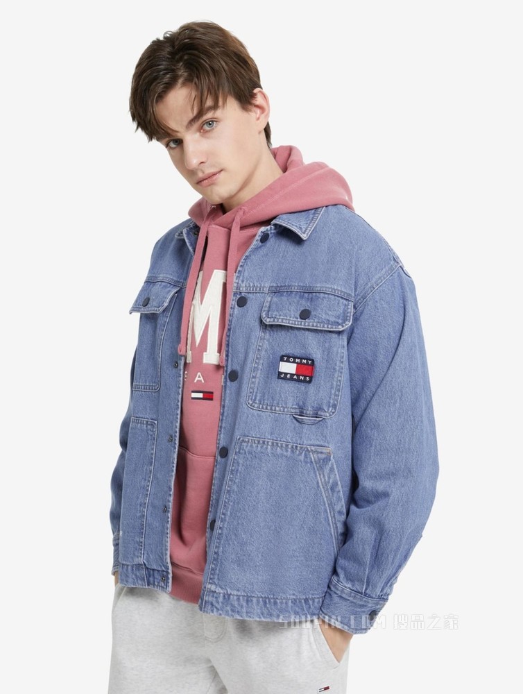 Tommy 22新款春季男女同款工装风多袋印花牛仔衬衫外套DM0DM12472