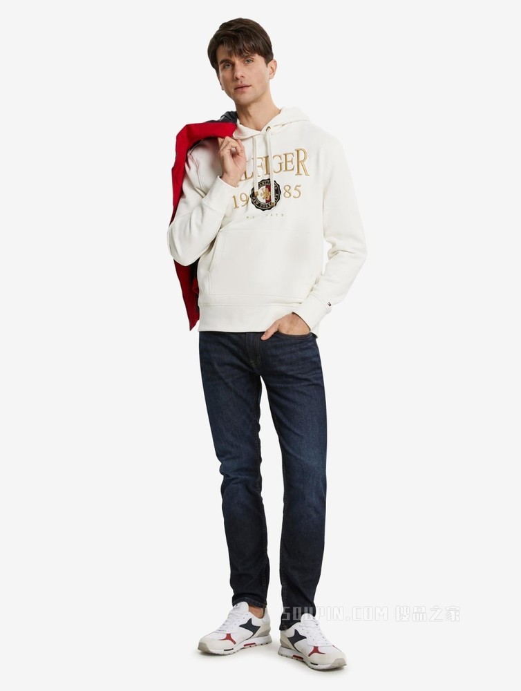 Tommy 22新款春季男装简约纯棉重磅刺绣连帽套头卫衣MW0MW22355