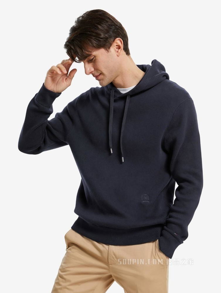 Tommy 22新款春季男装简约纯棉徽章刺绣连帽套头毛衣针织衫22347