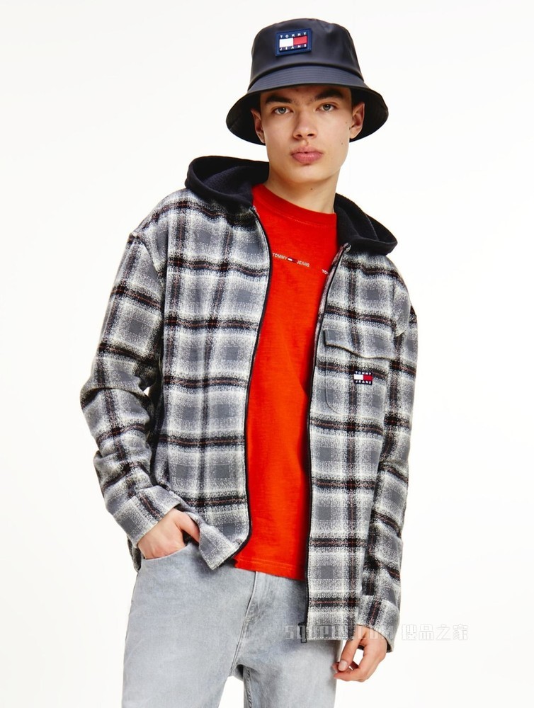 Tommy 22新款春季男装格纹刺绣拉链连帽宽松衬衫外套DM0DM12334