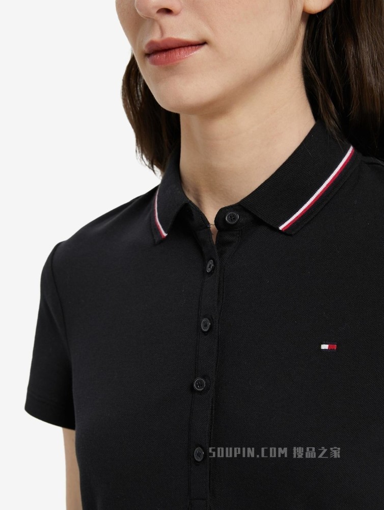 Tommy 22新款春夏女装透气珠地棉镶边翻领修身短袖POLO衫J2061