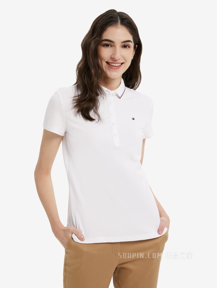 Tommy 22新款春夏女装透气珠地棉镶边翻领修身短袖POLO衫J2061