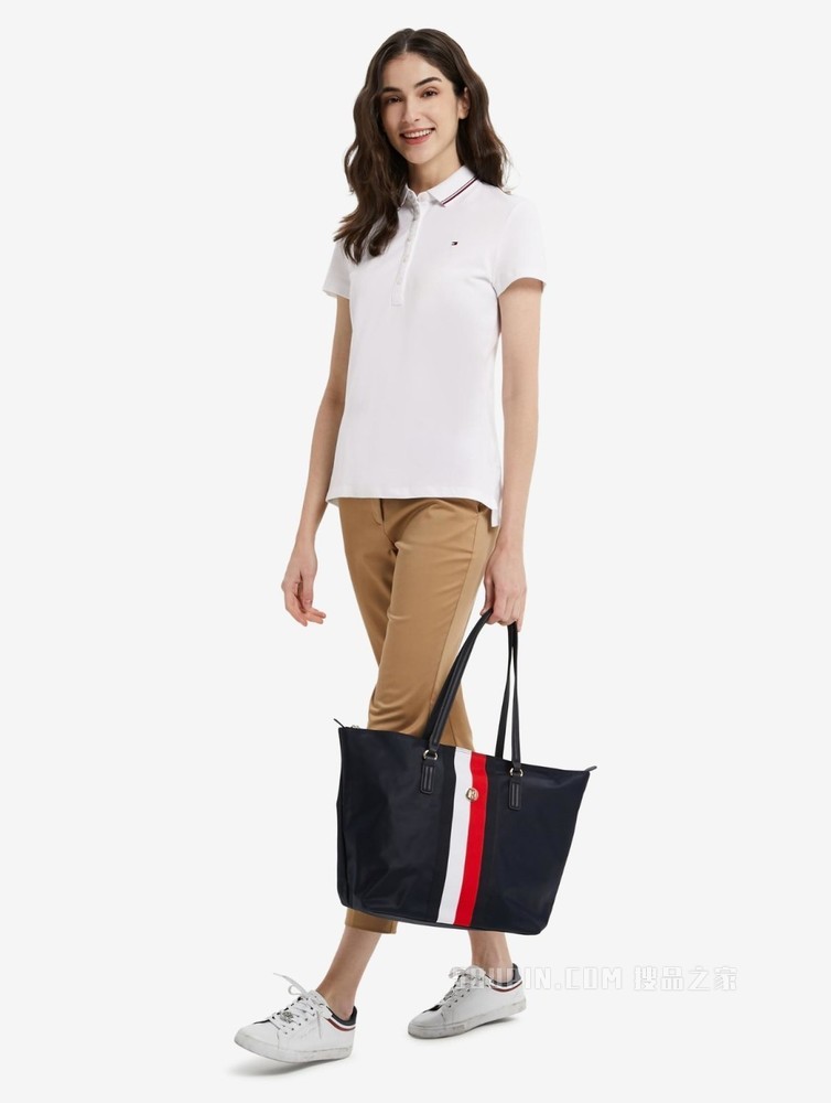 Tommy 22新款春夏女装透气珠地棉镶边翻领修身短袖POLO衫J2061