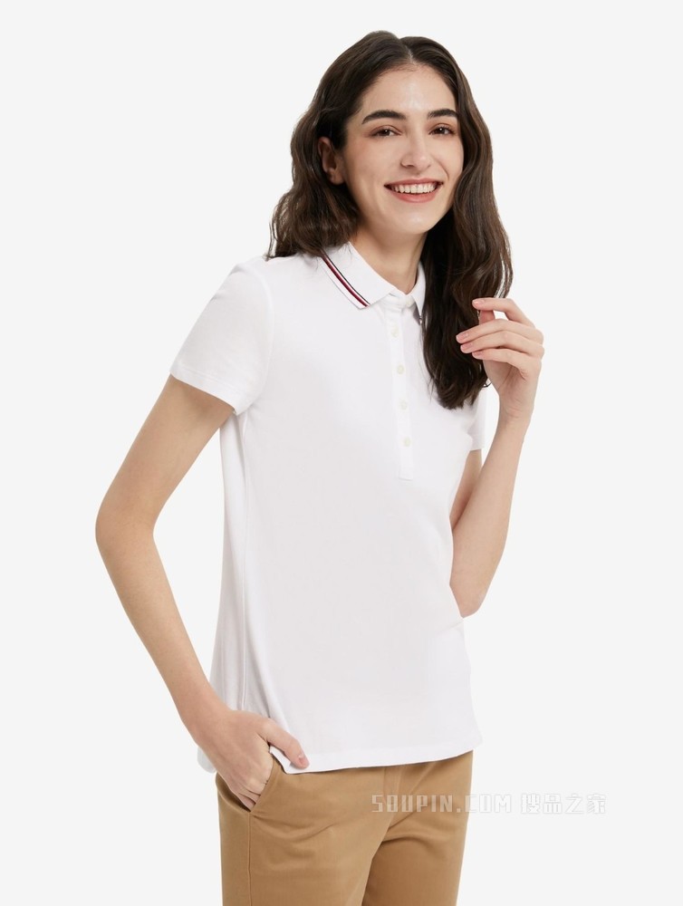 Tommy 22新款春夏女装透气珠地棉镶边翻领修身短袖POLO衫J2061