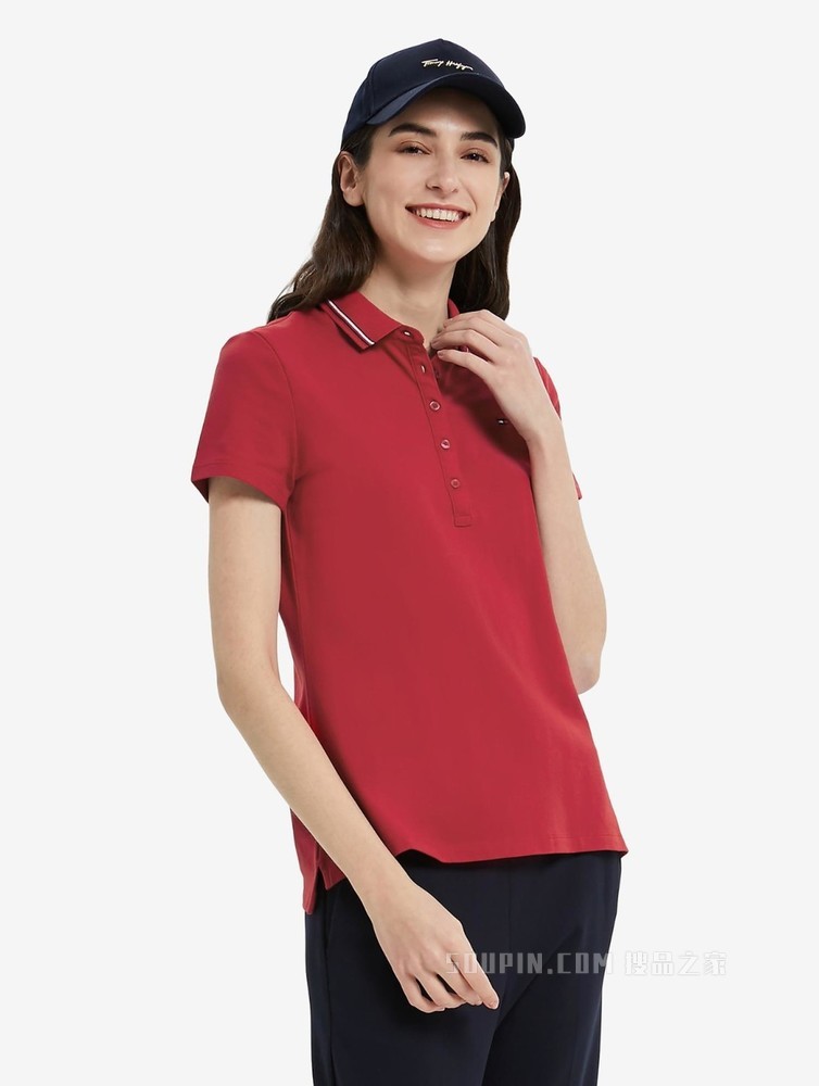 Tommy 22新款春夏女装透气珠地棉镶边翻领修身短袖POLO衫J2061