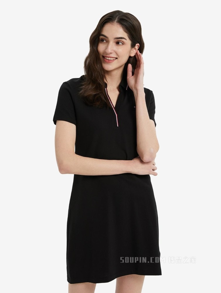 Tommy 22新款春夏女装珠地网眼镶边V领显瘦短袖POLO连衣裙J0982