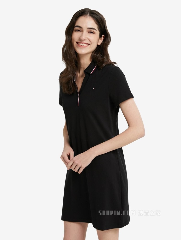 Tommy 22新款春夏女装珠地网眼镶边V领显瘦短袖POLO连衣裙J0982