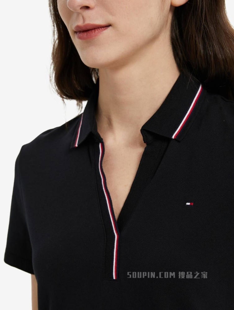 Tommy 22新款春夏女装珠地网眼镶边V领显瘦短袖POLO连衣裙J0982