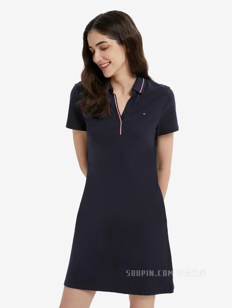 Tommy 22新款春夏女装珠地网眼镶边V领显瘦短袖POLO连衣裙J0982