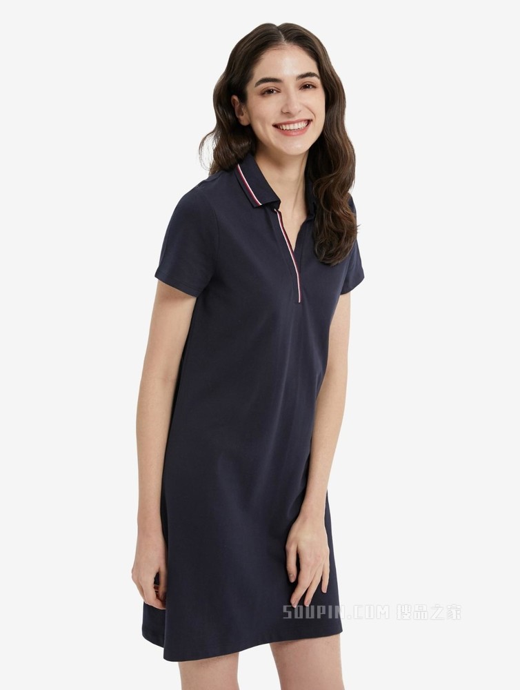 Tommy 22新款春夏女装珠地网眼镶边V领显瘦短袖POLO连衣裙J0982