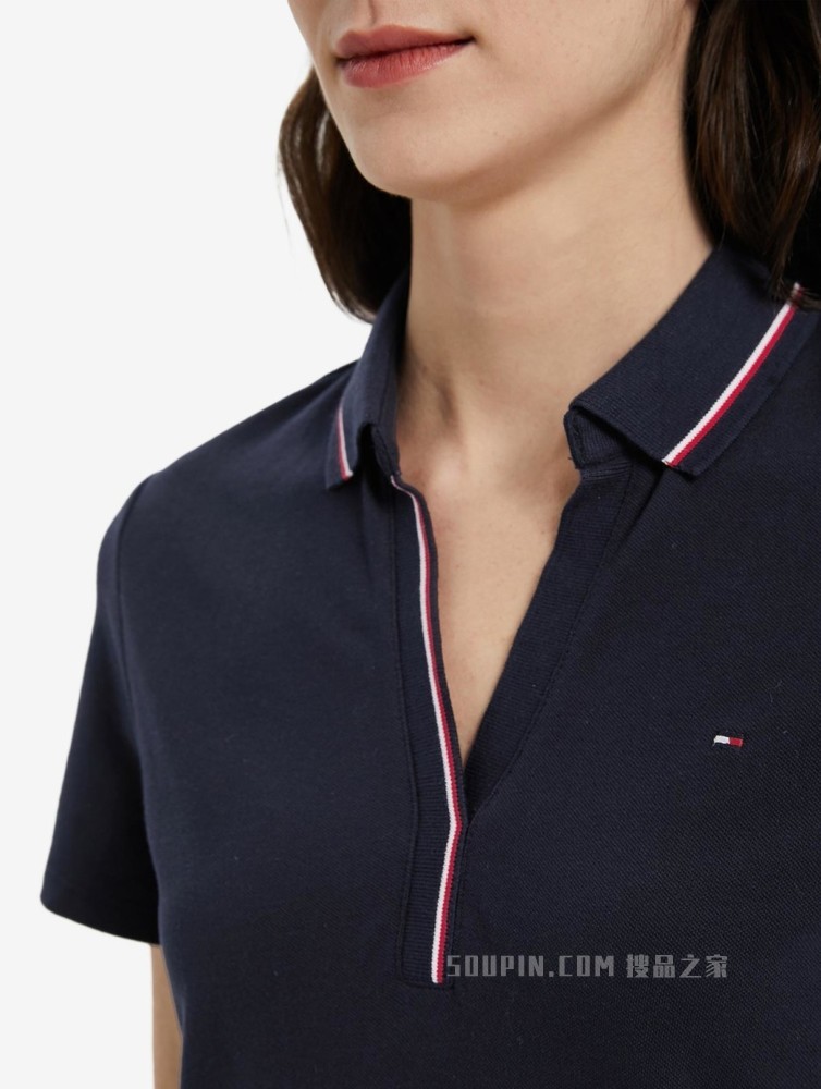 Tommy 22新款春夏女装珠地网眼镶边V领显瘦短袖POLO连衣裙J0982