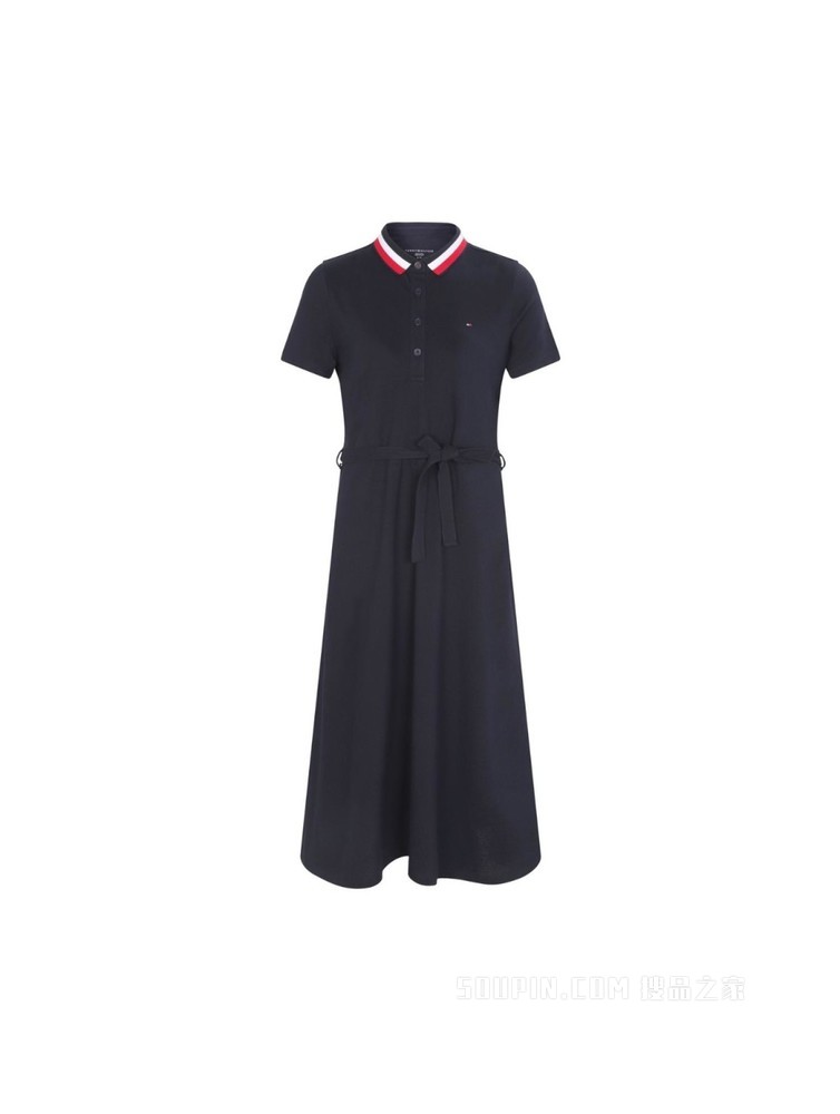 Tommy 22新款春夏女装显瘦系带收腰条纹POLO翻领短袖连衣裙J2258