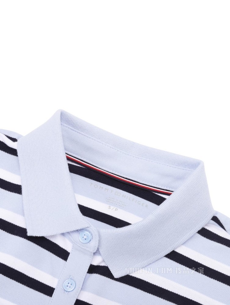 Tommy 22新款春夏女装时尚珠地棉拼色条纹修身短袖POLO衫J2408