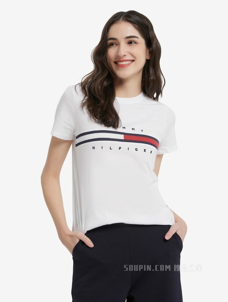 Tommy 22新款春夏女装时尚纯棉刺绣字母旗标短袖T恤RM176J1635