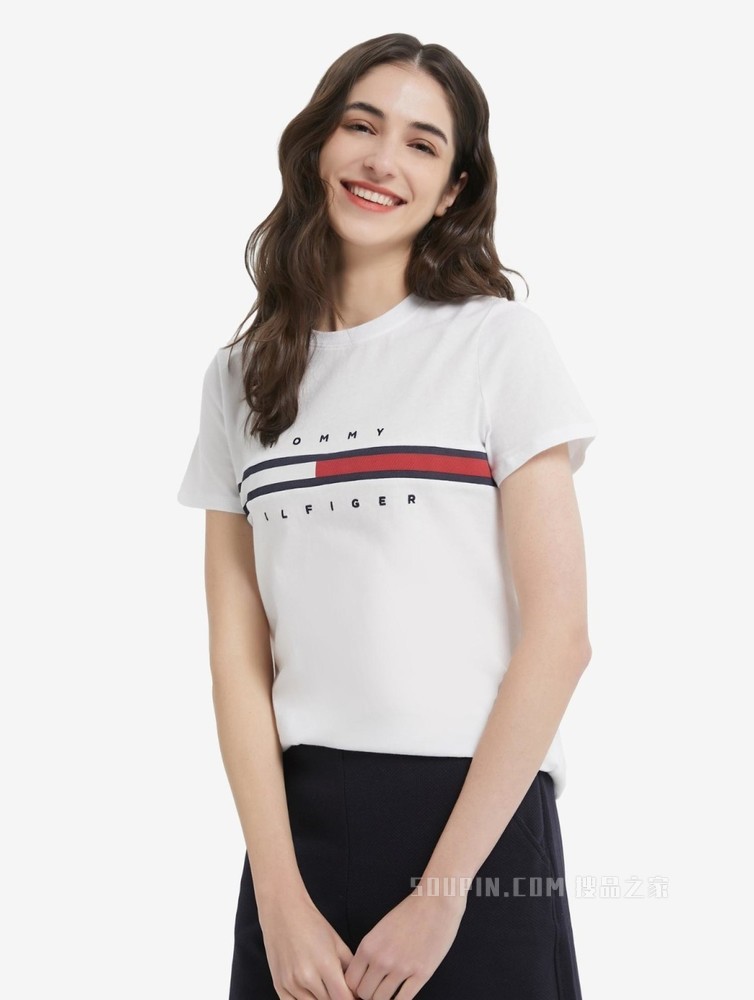 Tommy 22新款春夏女装时尚纯棉刺绣字母旗标短袖T恤RM176J1635