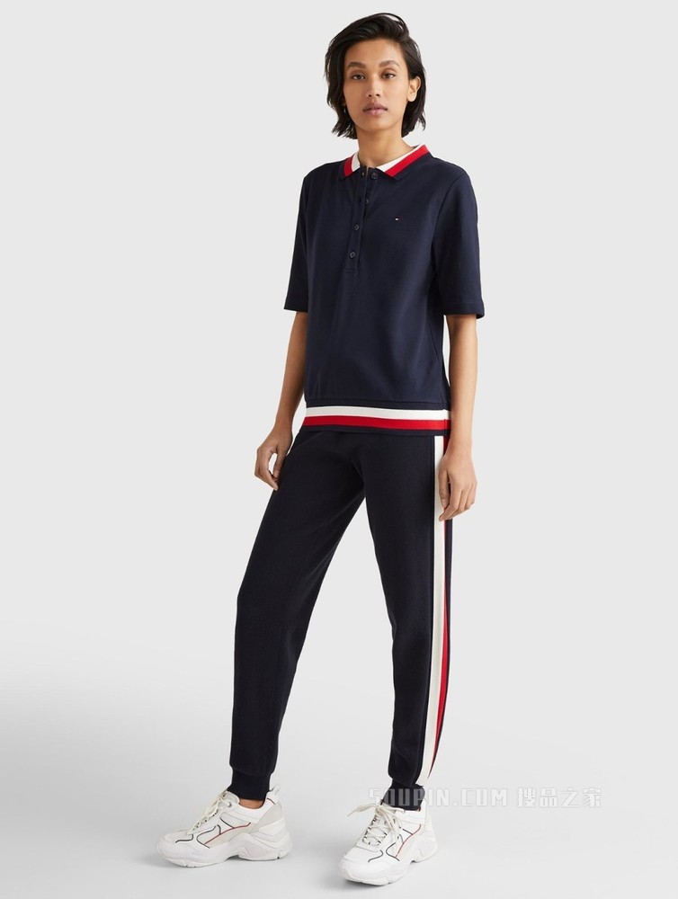 Tommy 22新款春夏女装休闲拼色条纹翻领修身短袖POLO衫WW0WW30583