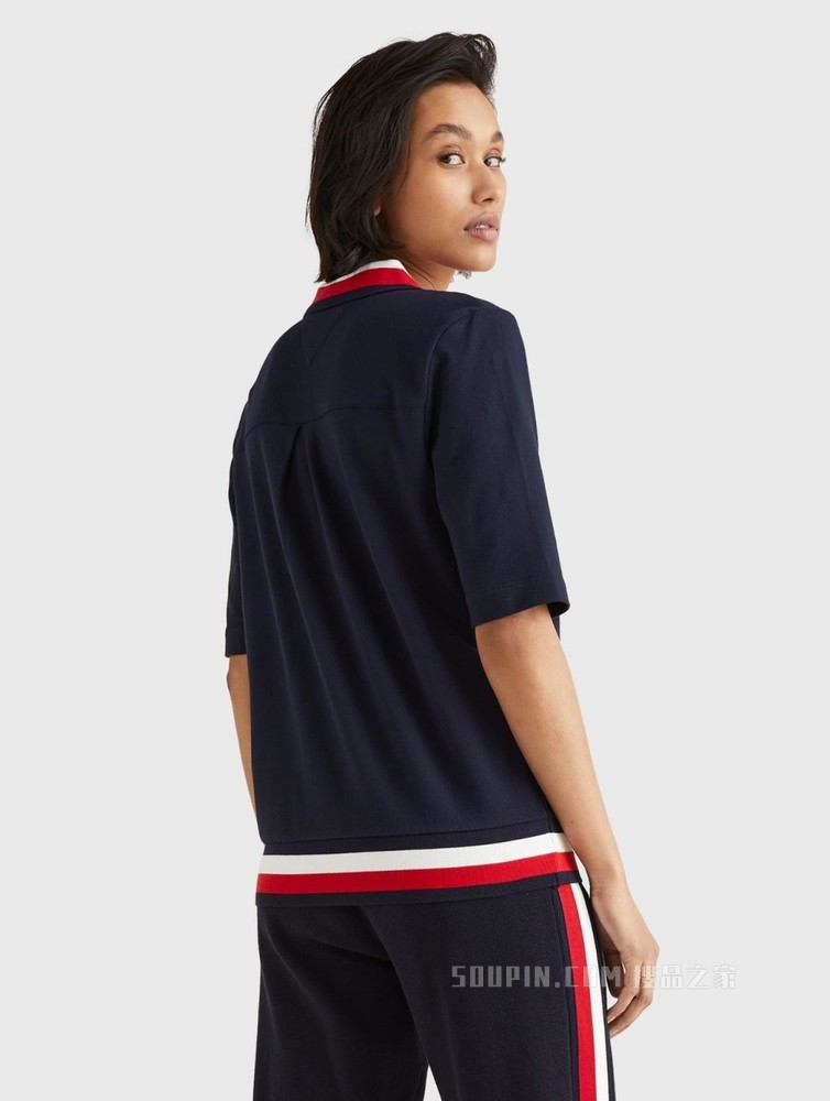 Tommy 22新款春夏女装休闲拼色条纹翻领修身短袖POLO衫WW0WW30583