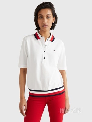 Tommy 22新款春夏女装休闲拼色条纹翻领修身短袖POLO衫WW0WW30583