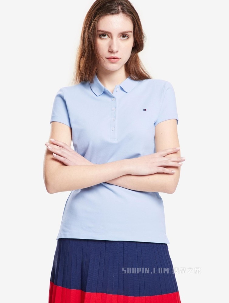 Tommy 春夏女装简约通勤珠地棉刺绣旗标翻领修身短袖POLO衫27947