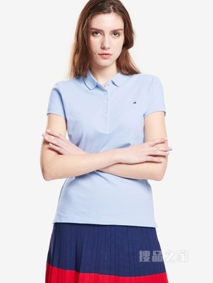 Tommy 春夏女装简约通勤珠地棉刺绣旗标翻领修身短袖POLO衫27947