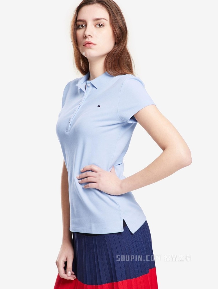 Tommy 春夏女装简约通勤珠地棉刺绣旗标翻领修身短袖POLO衫27947