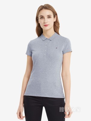Tommy 春夏女装简约通勤珠地棉刺绣旗标翻领修身短袖POLO衫27947