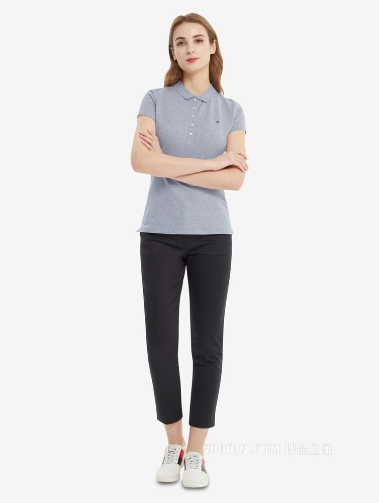 Tommy 春夏女装简约通勤珠地棉刺绣旗标翻领修身短袖POLO衫27947