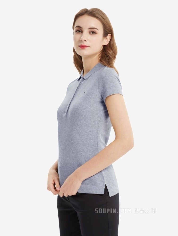 Tommy 春夏女装简约通勤珠地棉刺绣旗标翻领修身短袖POLO衫27947