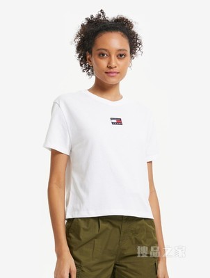 Tommy 女装经典短款高腰时尚旗标短袖针织T恤 DW0DW10404