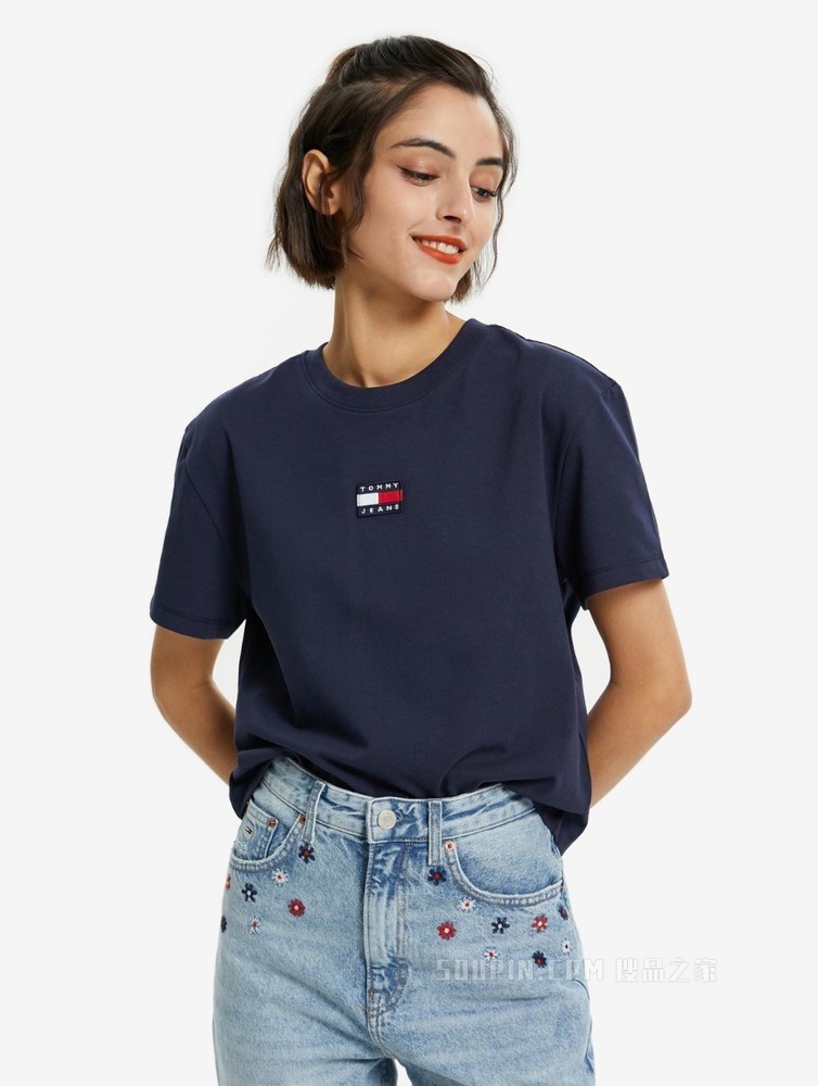 Tommy 女装经典短款高腰时尚旗标短袖针织T恤 DW0DW10404