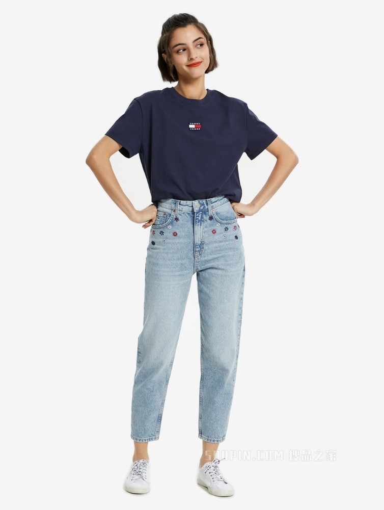 Tommy 女装经典短款高腰时尚旗标短袖针织T恤 DW0DW10404