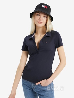 Tommy 22新款春夏女装休闲V领小绣标修身短袖POLO衫DW0DW12531