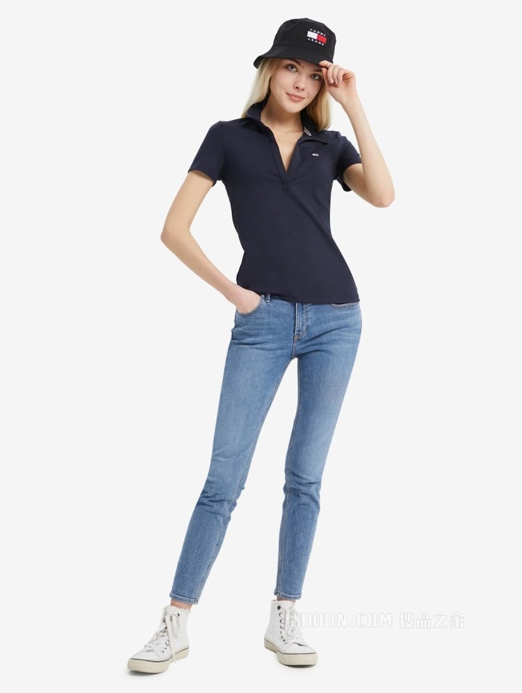 Tommy 22新款春夏女装休闲V领小绣标修身短袖POLO衫DW0DW12531