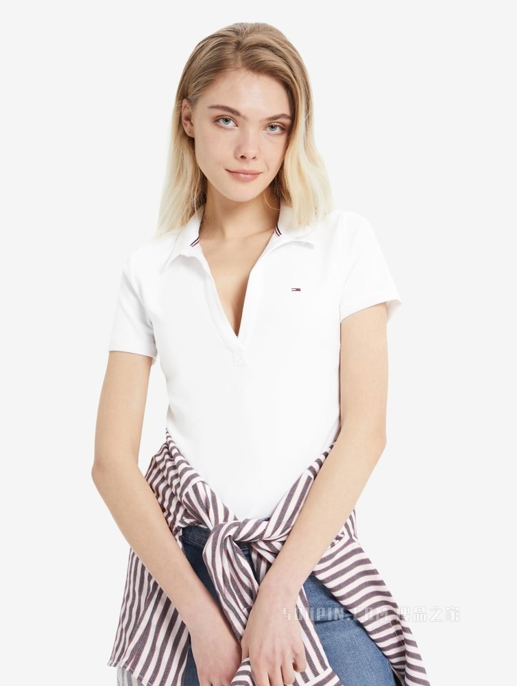 Tommy 22新款春夏女装休闲V领小绣标修身短袖POLO衫DW0DW12531