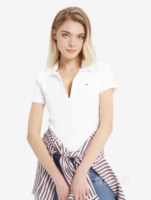 Tommy 22新款春夏女装休闲V领小绣标修身短袖POLO衫DW0DW12531
