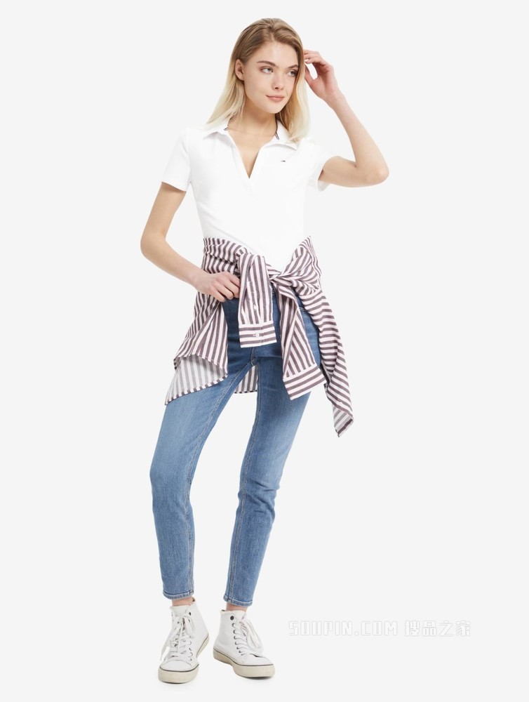 Tommy 22新款春夏女装休闲V领小绣标修身短袖POLO衫DW0DW12531