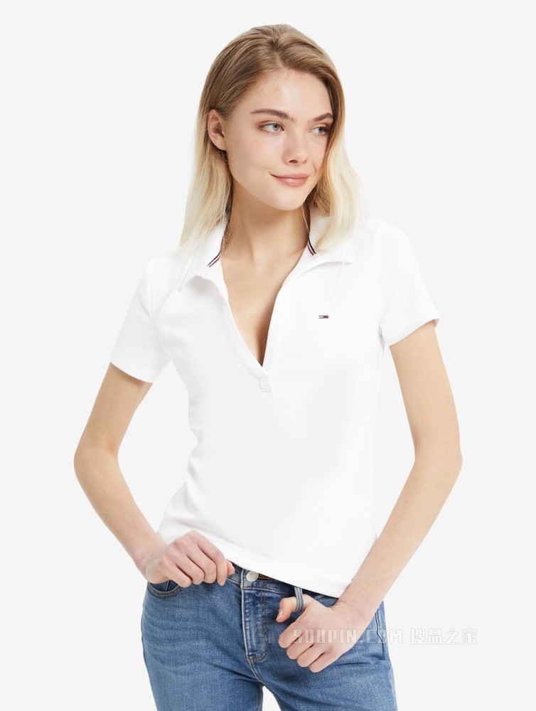Tommy 22新款春夏女装休闲V领小绣标修身短袖POLO衫DW0DW12531