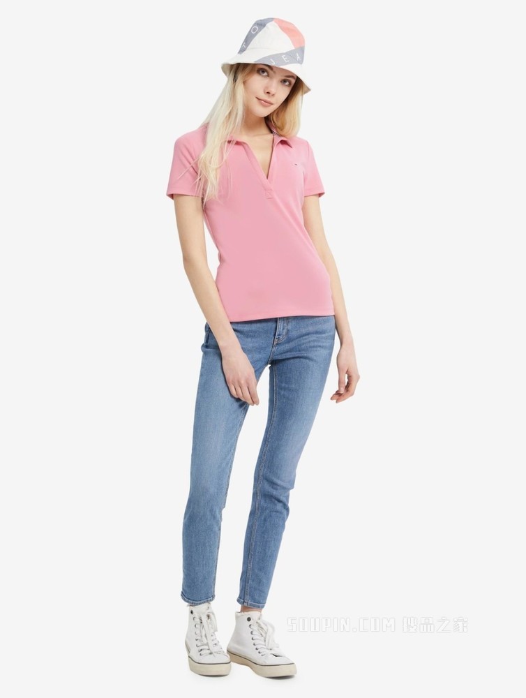 Tommy 22新款春夏女装休闲V领小绣标修身短袖POLO衫DW0DW12531