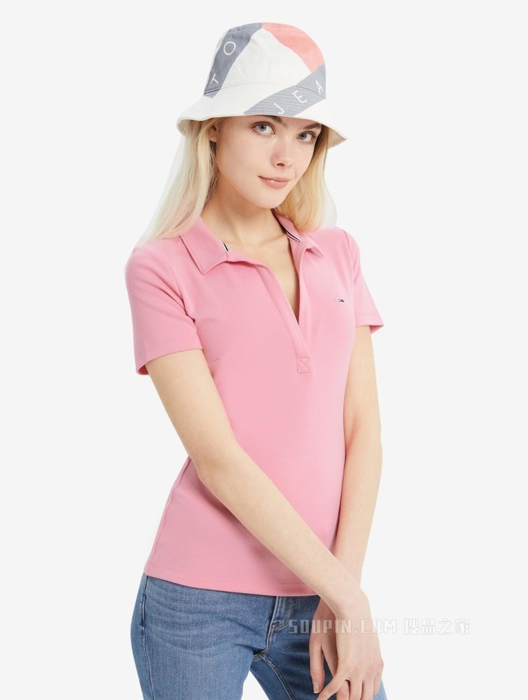 Tommy 22新款春夏女装休闲V领小绣标修身短袖POLO衫DW0DW12531