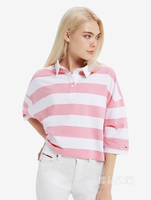 Tommy 22新款春夏女装时尚休闲纯棉条纹LOGO布标短版POLO衫12528