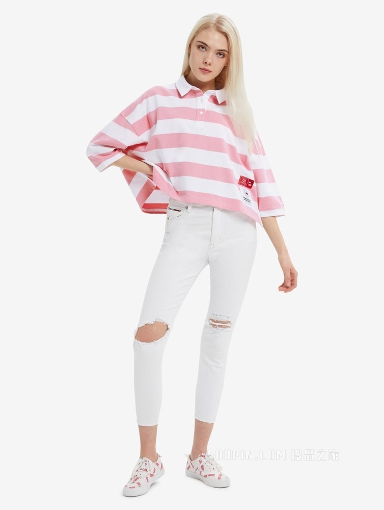 Tommy 22新款春夏女装时尚休闲纯棉条纹LOGO布标短版POLO衫12528