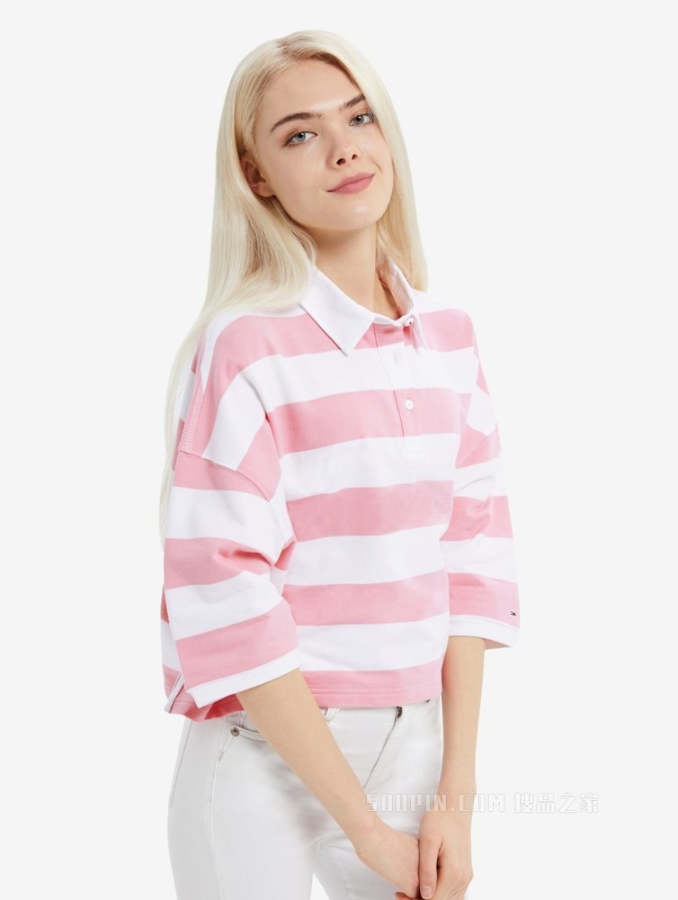Tommy 22新款春夏女装时尚休闲纯棉条纹LOGO布标短版POLO衫12528