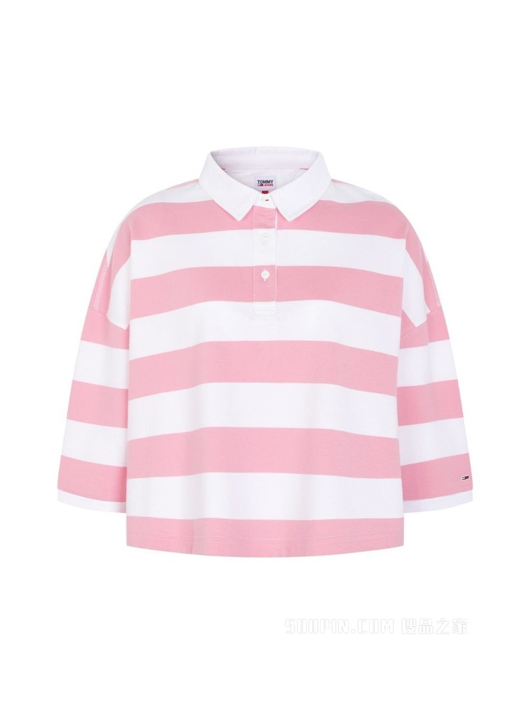 Tommy 22新款春夏女装时尚休闲纯棉条纹LOGO布标短版POLO衫12528